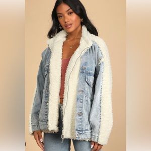 Blank NYC Bear Hug Jacket Sherpa & Denim Trucker Jacket Off White, Denim Size S